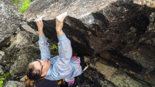 Megan Foster climbing the Sloper Traverse - Photo by Aric Fishman